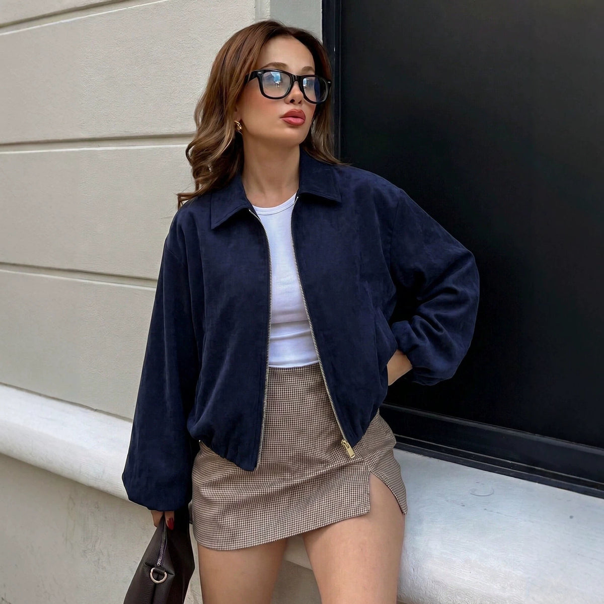 Oversized Cropped Collared Zip Up Jacket Vintage Streetwear