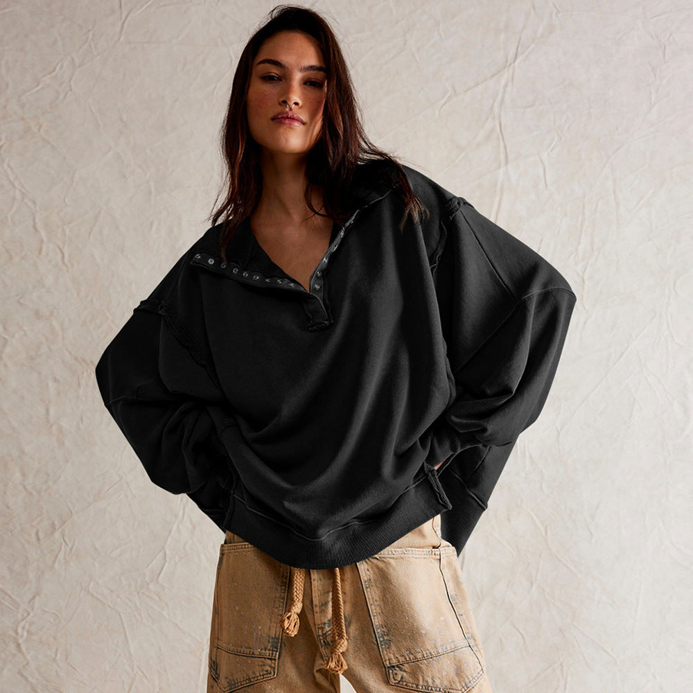 Oversized Collared Balloon Sleeve Split Hem Sweatshirt