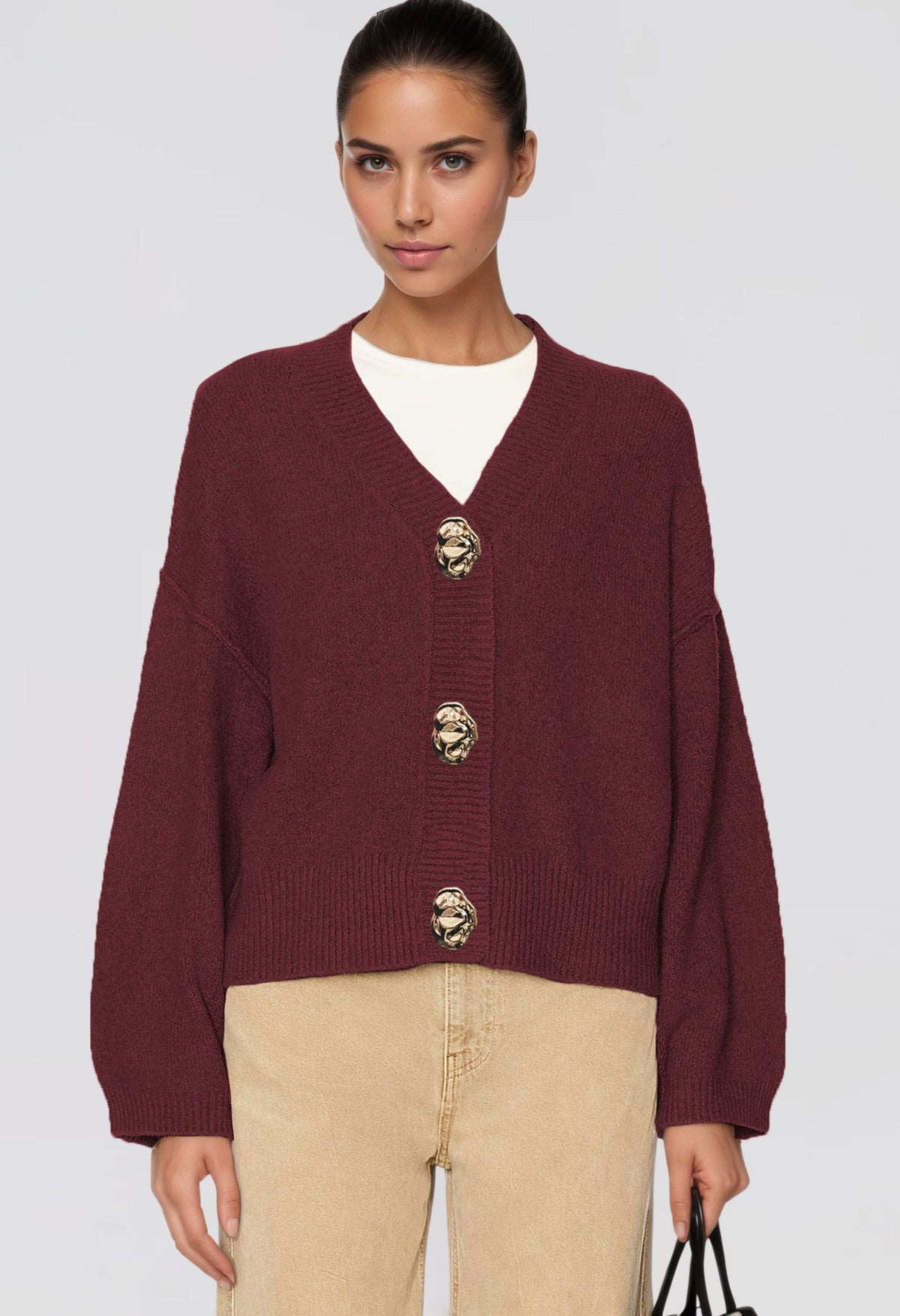 Womens Chunky V Neck Cardigan Statement Button Sweater