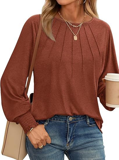 Women's Pleated Crew Neck Lantern Sleeve Oversized Pullover