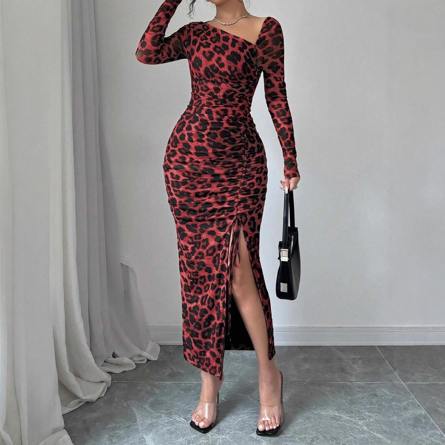 Women’s Leopard Print Bodycon Midi Dress Long Sleeve Ruched