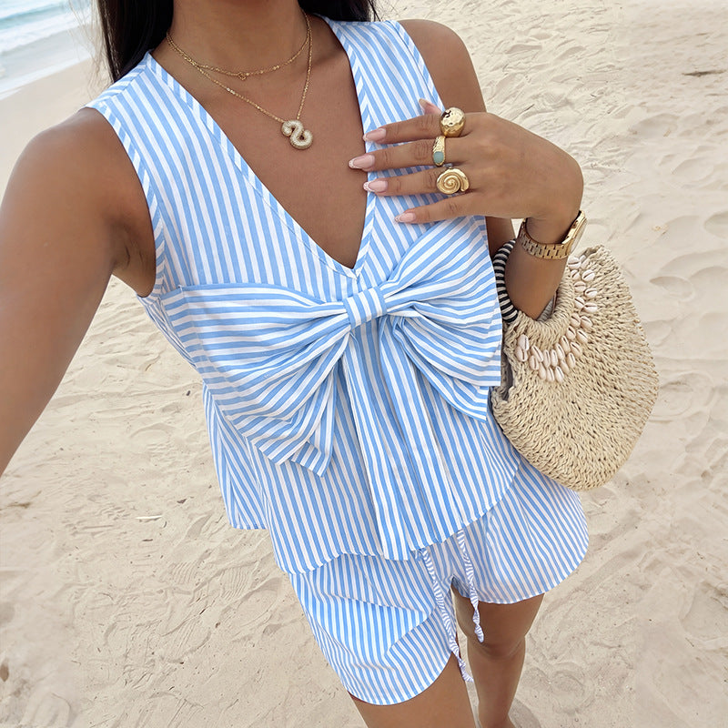 Striped V-Neck Summer Bow Top & Shorts Set Lounge Outfit