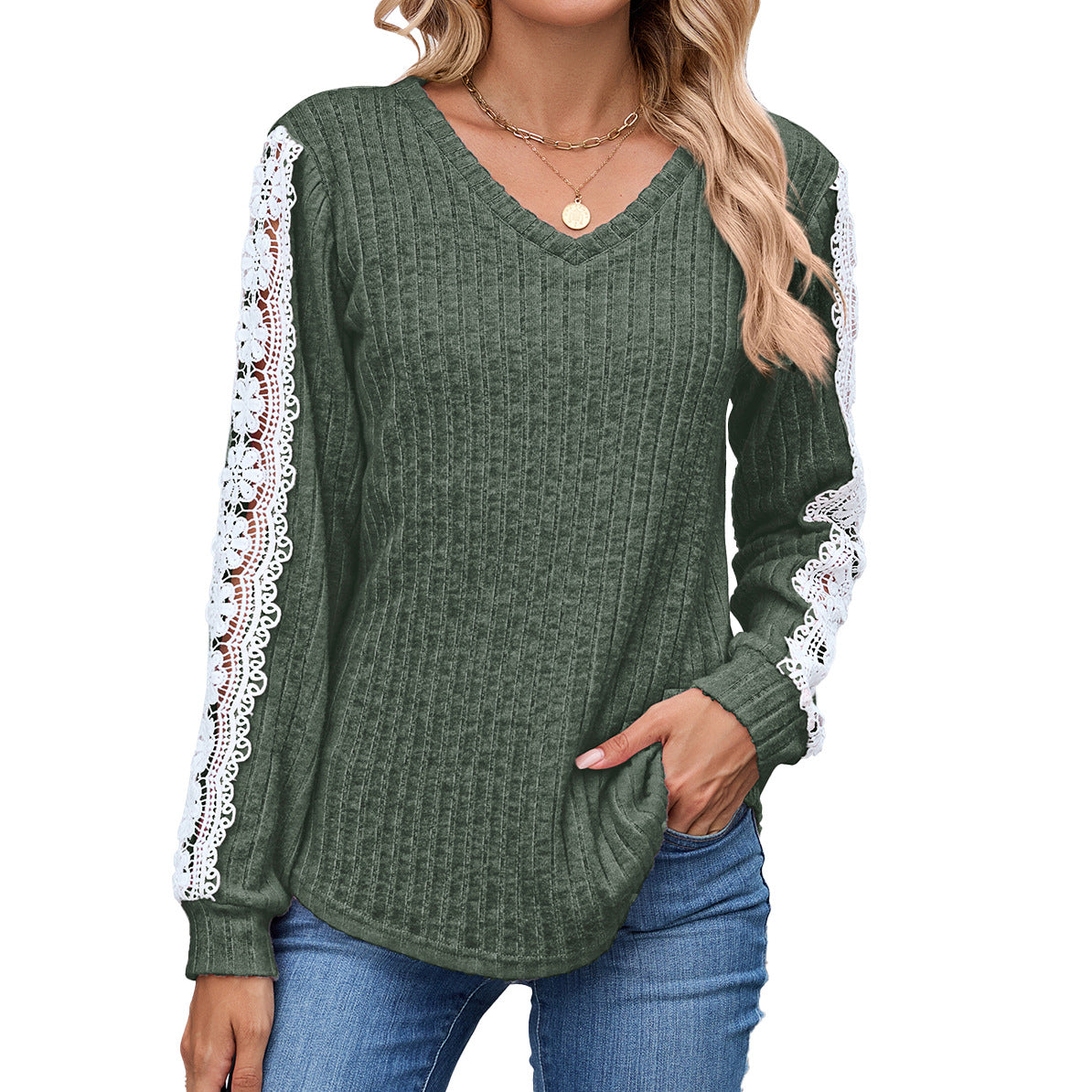 Women's V-Neck Lace Trim Ribbed Knit Tunic Top