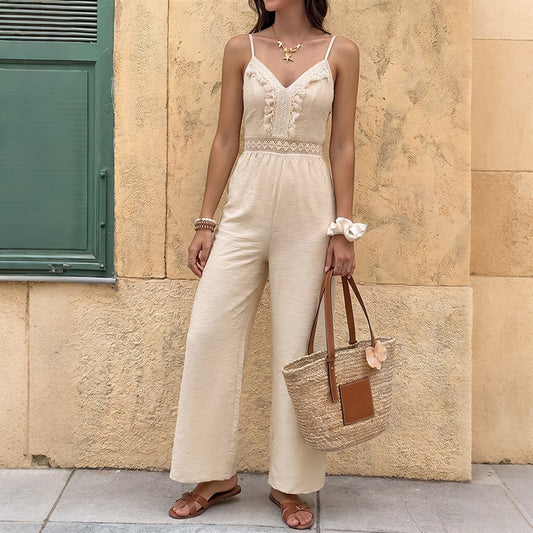 Solid Cami Jumpsuit  Lace Trim Wide Leg Resort Outfit