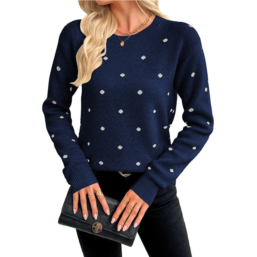 Polka Dot Knit Sweater Crew Neck Long Sleeve Top