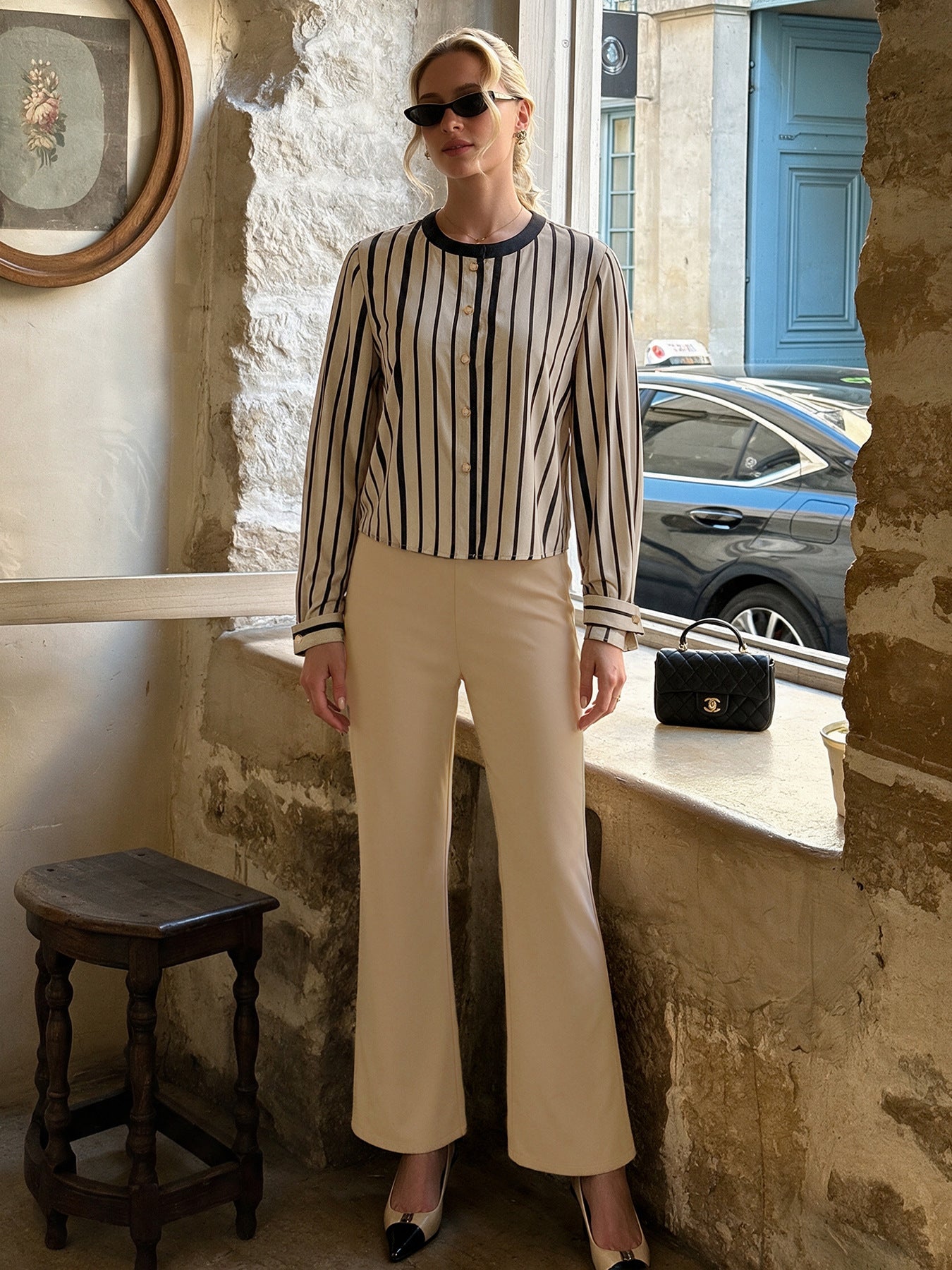 Striped Two Piece Set Button Shirt Wide Leg Pants