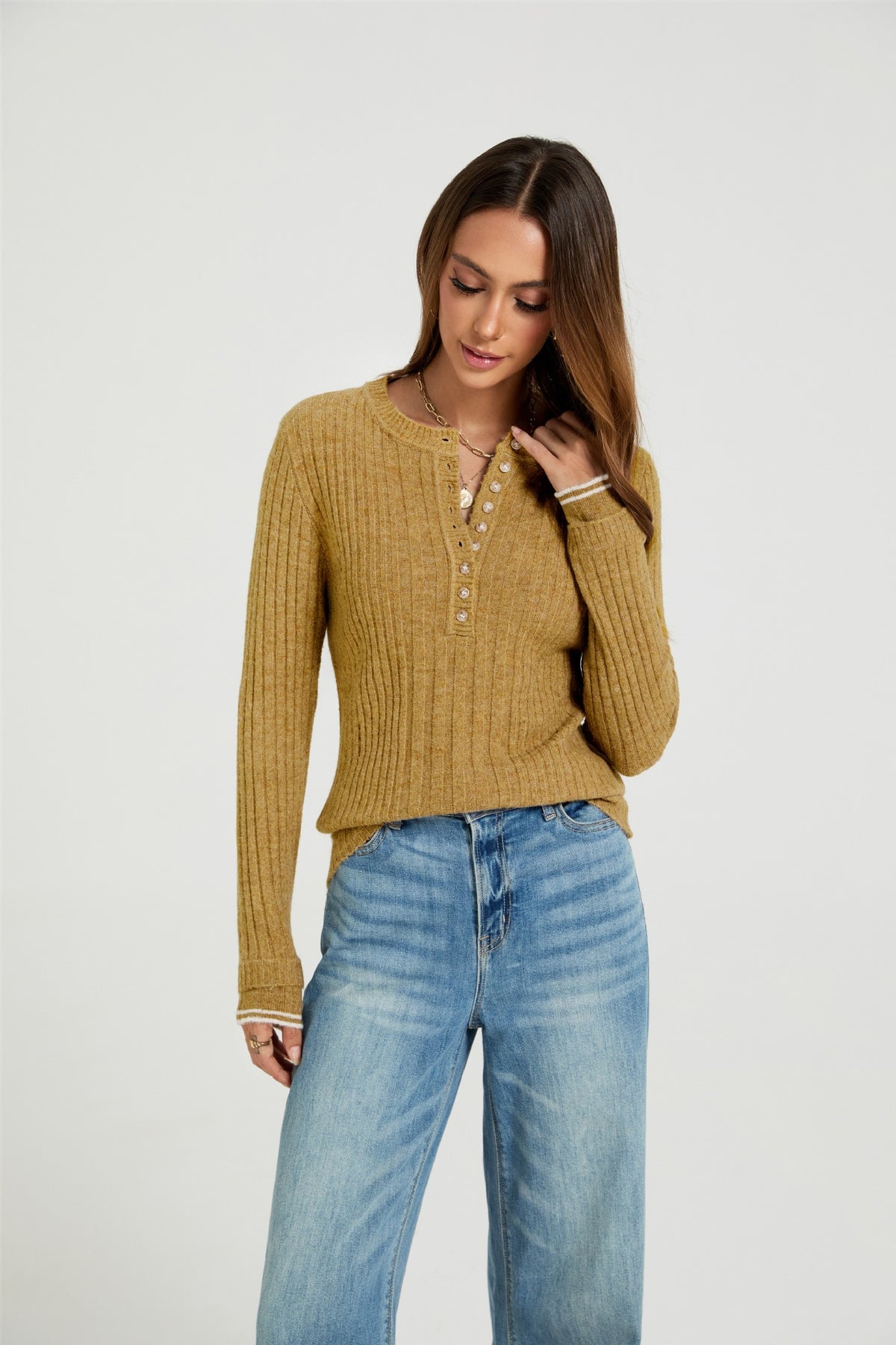 Women's Ribbed Henley Sweater Long Sleeve Fitted Top