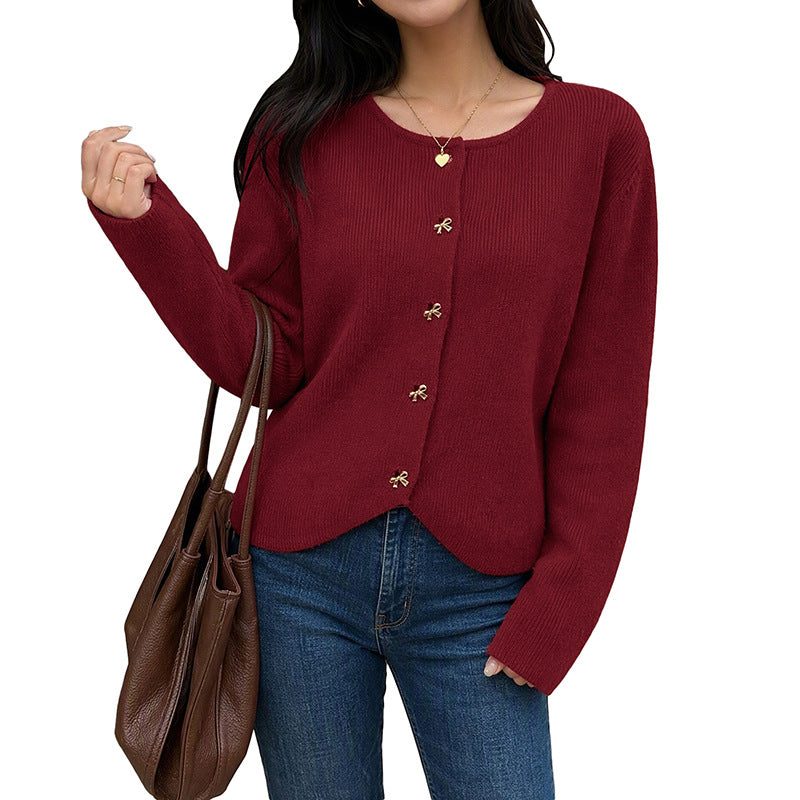 Women's Burgundy Crew Neck Gold Button Cardigan Sweater