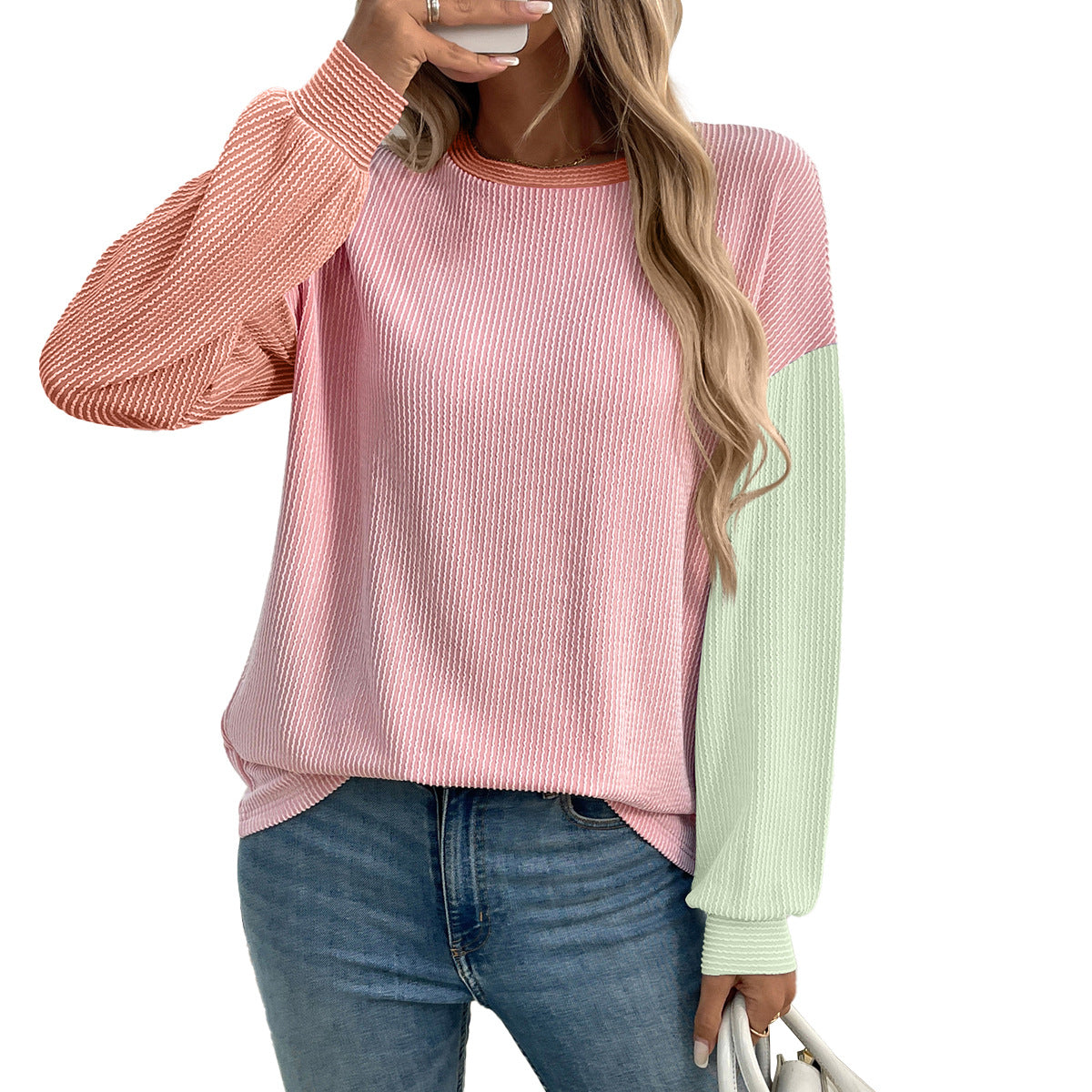 Women's Color Block Oversized Crewneck Pullover Top