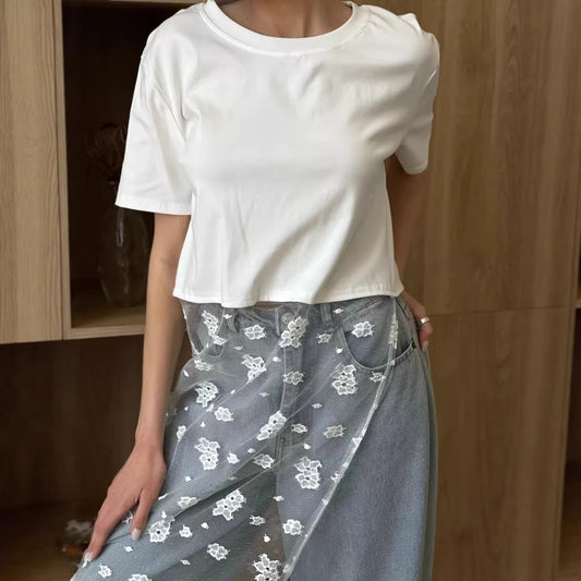 Women Lace Hem Cotton Short Sleeve Casual T Shirt
