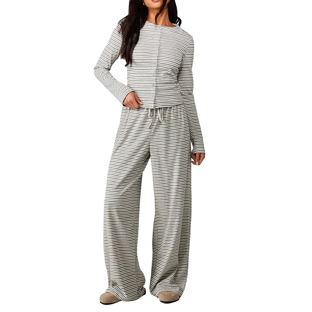 Striped Lounge Set Long Sleeve Top & Pants Soft Casual Outfit