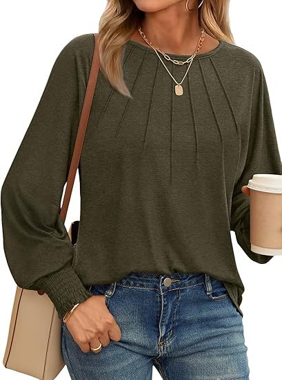 Women's Pleated Crew Neck Lantern Sleeve Oversized Pullover