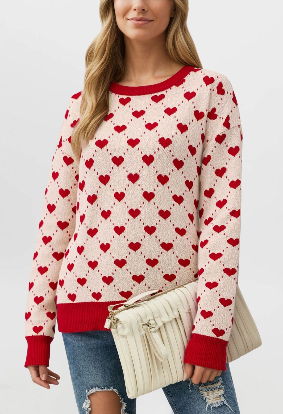 Valentine's Heart Print Oversized Knit Sweater
