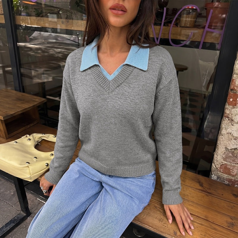 Women's Collared Layered Color Block Knit Sweater