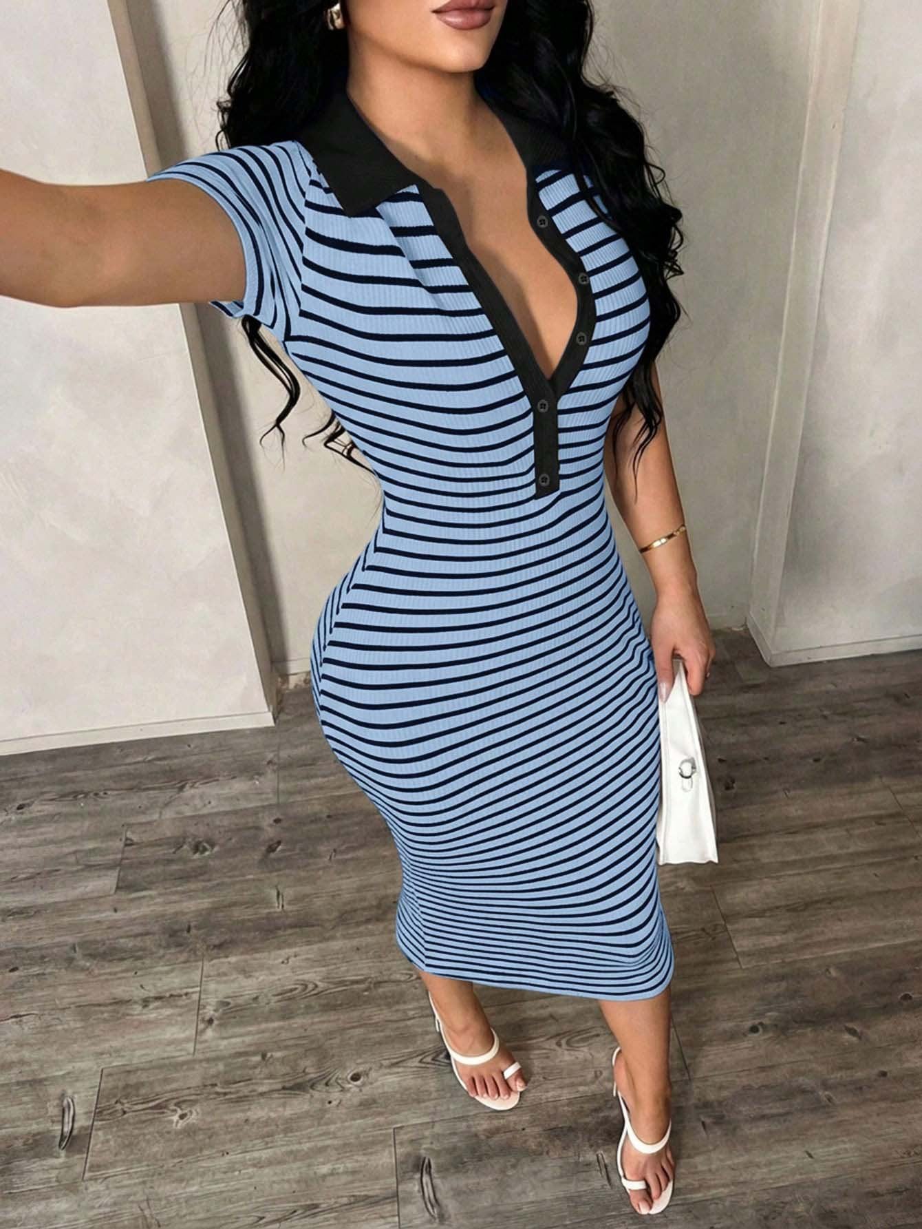 Striped Polo Collar Bodycon Midi Dress Short Sleeve Casual  Wear
