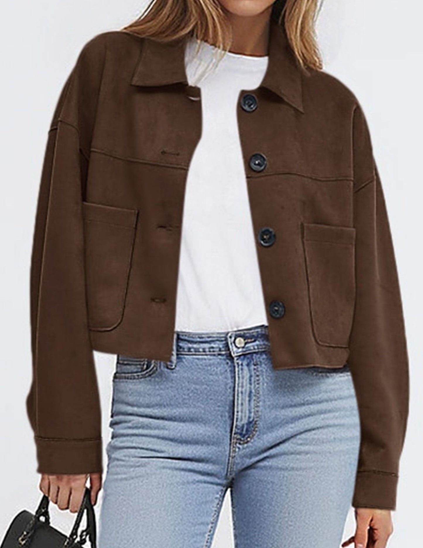 Solid Suede Jacket Western Cropped Button Front