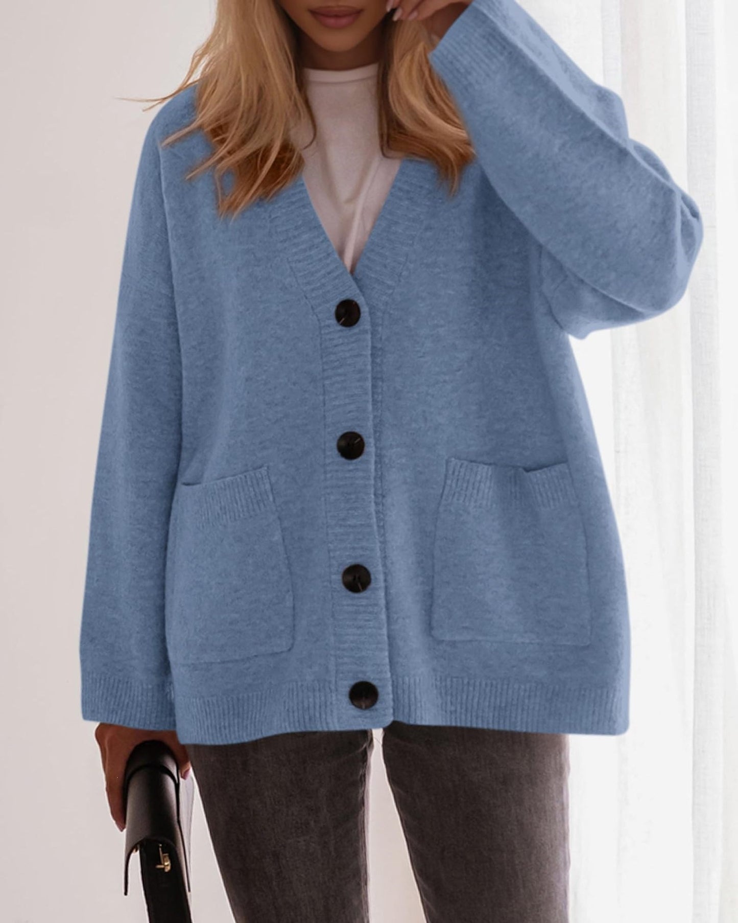 Solid Knit Cardigan Casual Oversized Pocket Button-Up