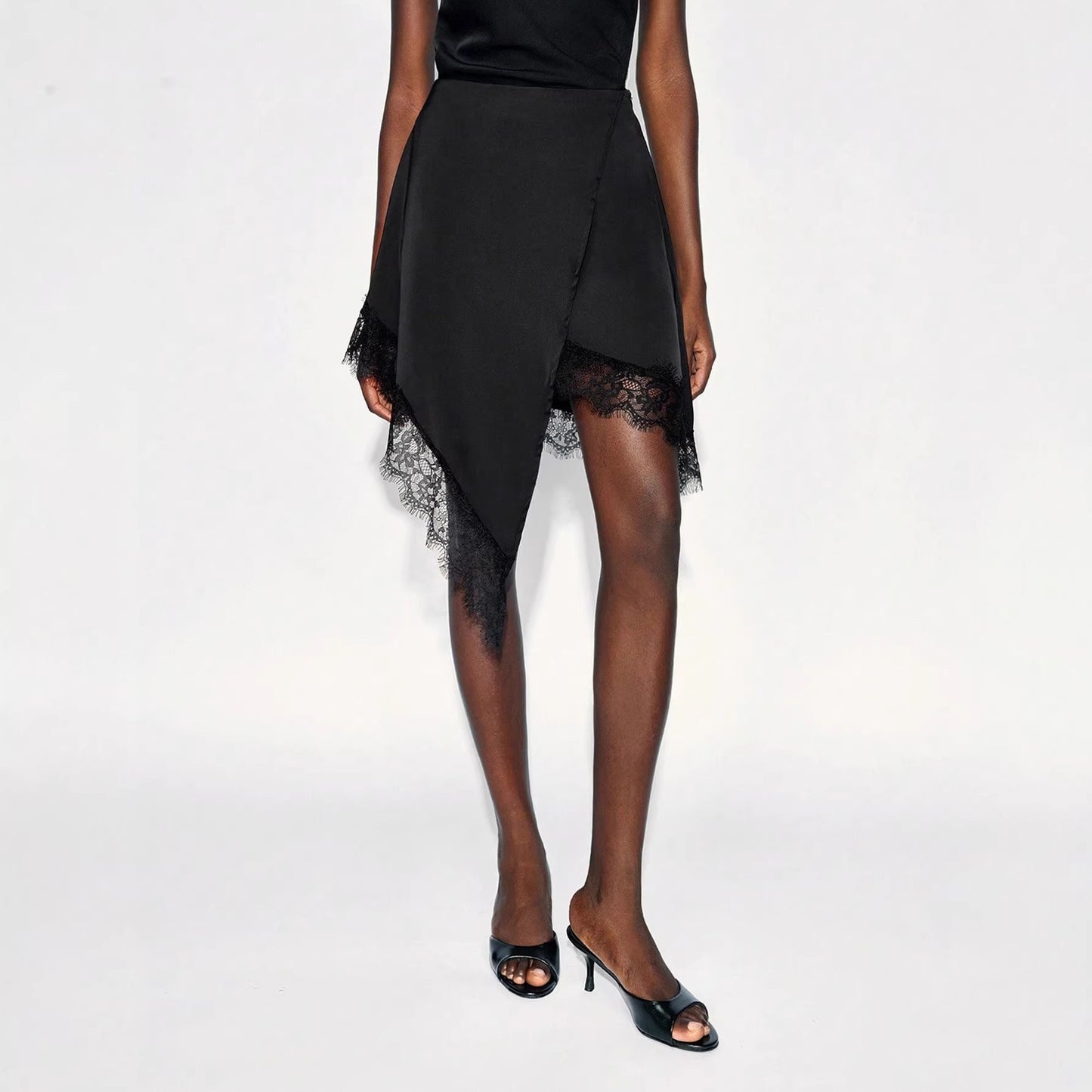 Black Lace Trim Asymmetrical Wrap Midi Skirt for Women