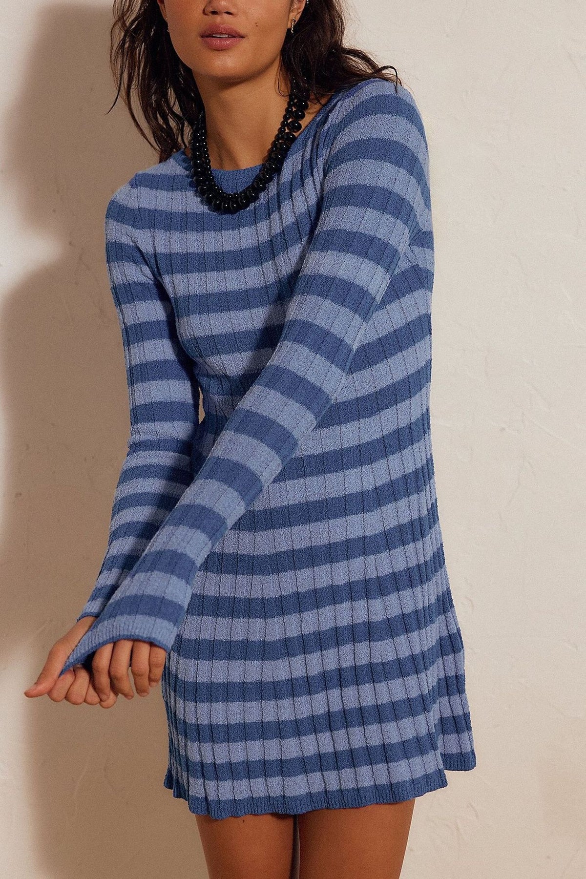 Striped Sweater Dress Long Sleeve Crew Neck Mini