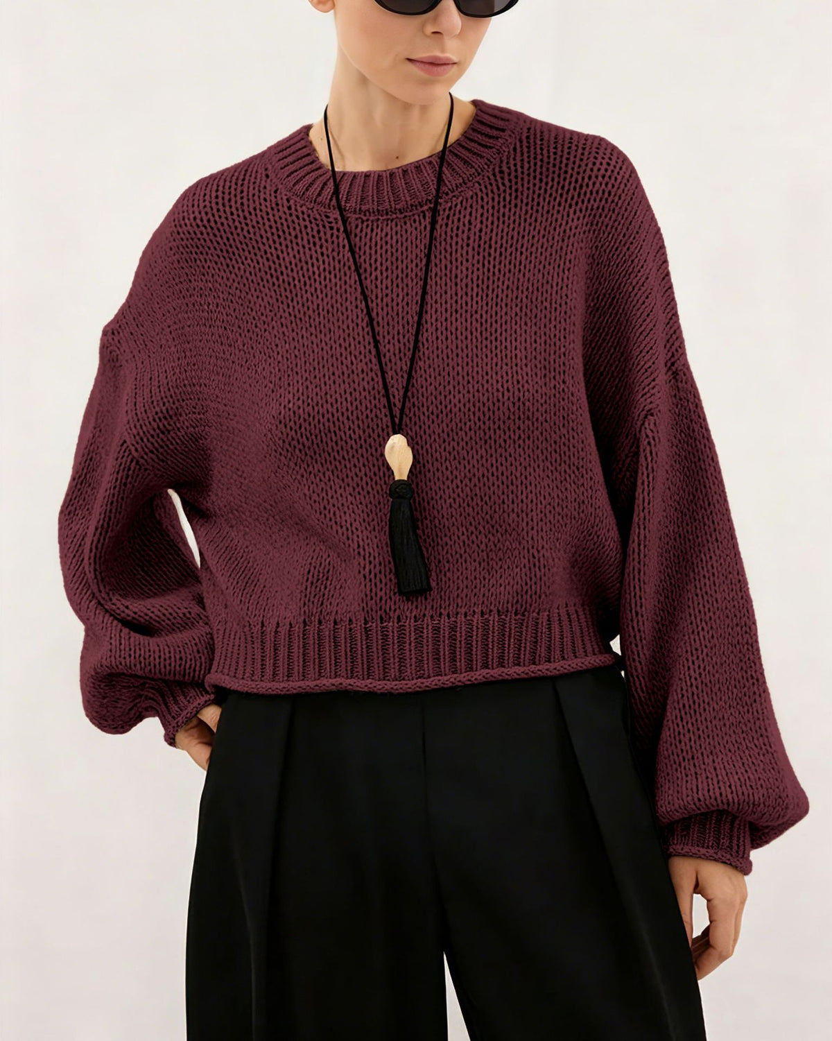 Women's Oversized Chunky Crew Neck Balloon Sleeve Sweater