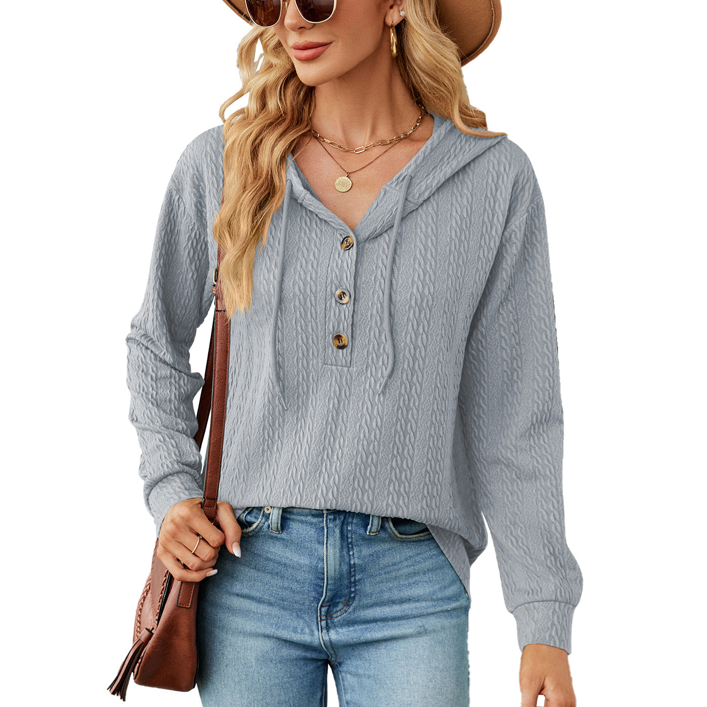Women's Oversized Hooded Button V-Neck Long Sleeve Sweater
