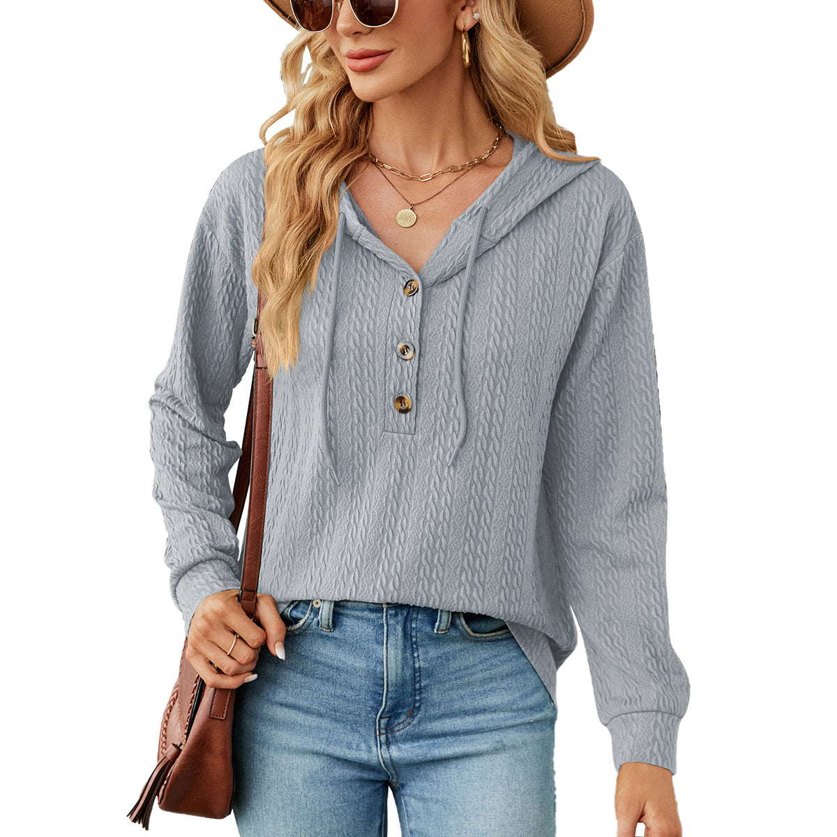 Women's Button Hoodie Long Sleeve Casual Loose Pullover