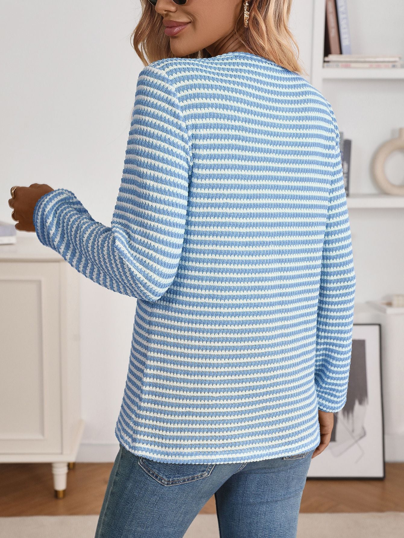 Striped Viscose Henley Top Textured Long Sleeve
