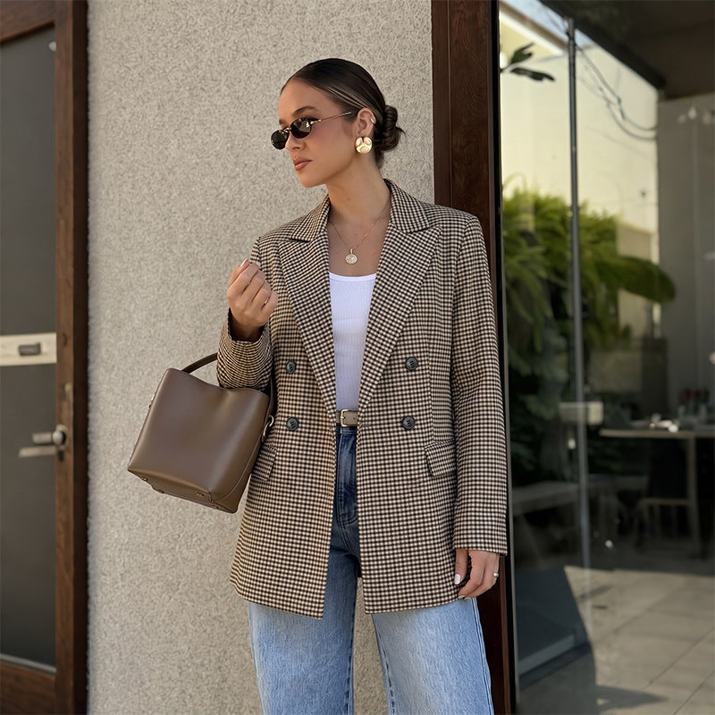 Women's Oversized Houndstooth Double Breasted Blazer