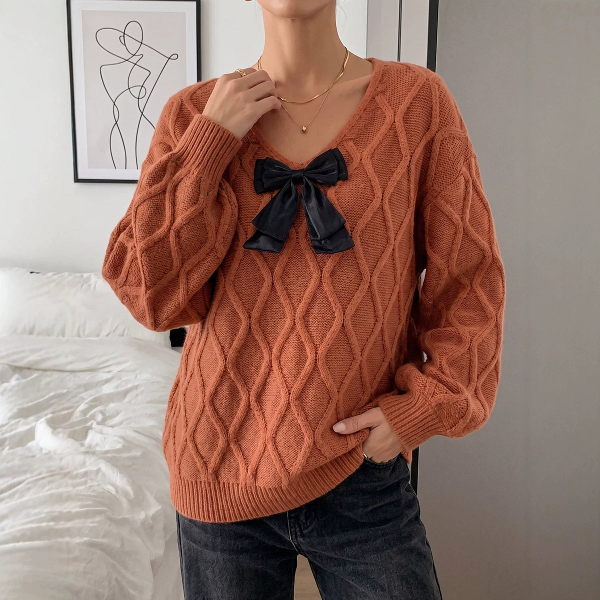 Womens V Neck Bow Sweater Oversized Cable Knit Pullover