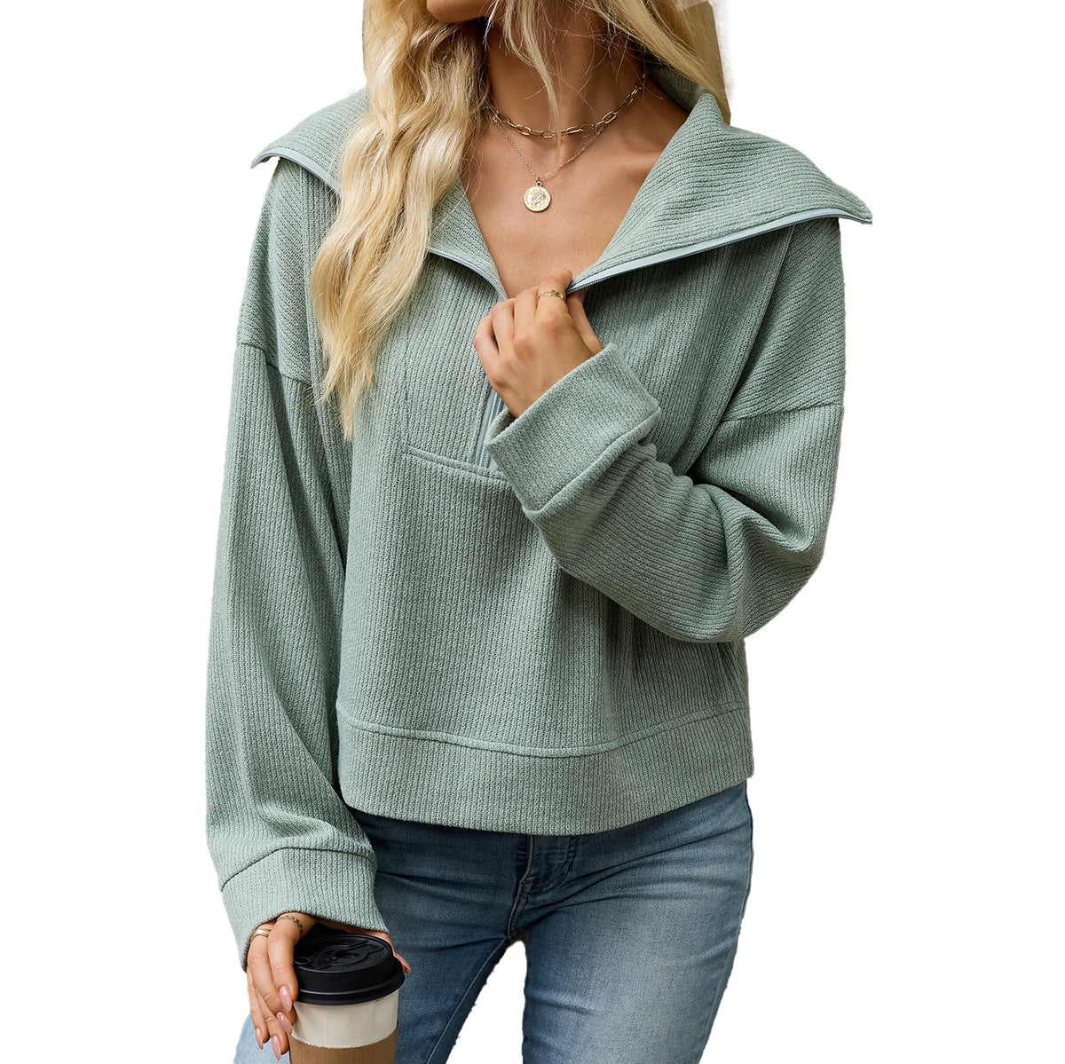 Women's Oversized Half Zip Collared Sweatshirt Pullover