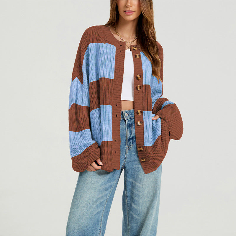 Women's Oversized Color Block Striped Cardigan Sweater