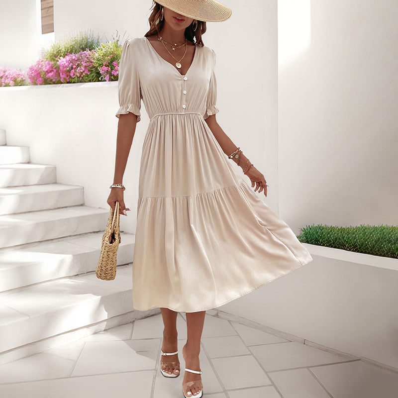 High Waist Solid Color Casual Midi Dress for Women