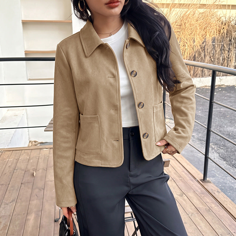 Faux Suede Cropped Collared Jacket Button Front Coat