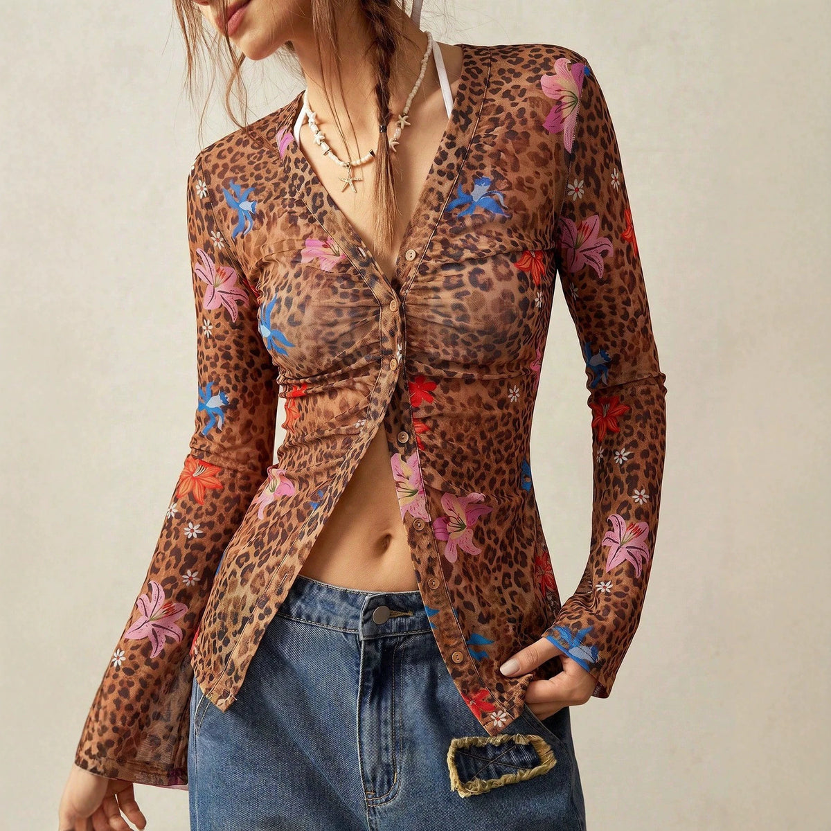 Women's Ruched Floral Mesh Blouse V-Neck Leopard Sleeves