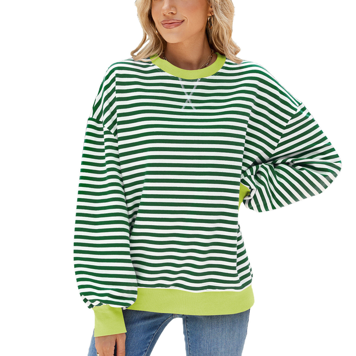 Women's Striped Color Block Oversized Crewneck Sweatshirt