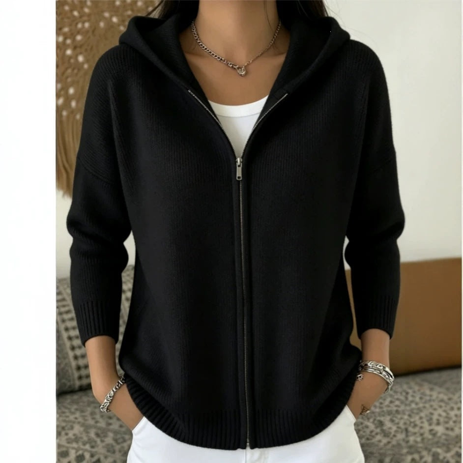 Hooded Zip Up Drop Shoulder Knit Cardigan
