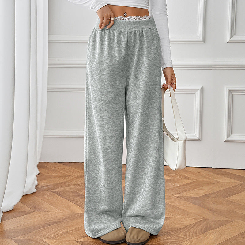 Lace Trim High Waist Casual Straight Leg Pants