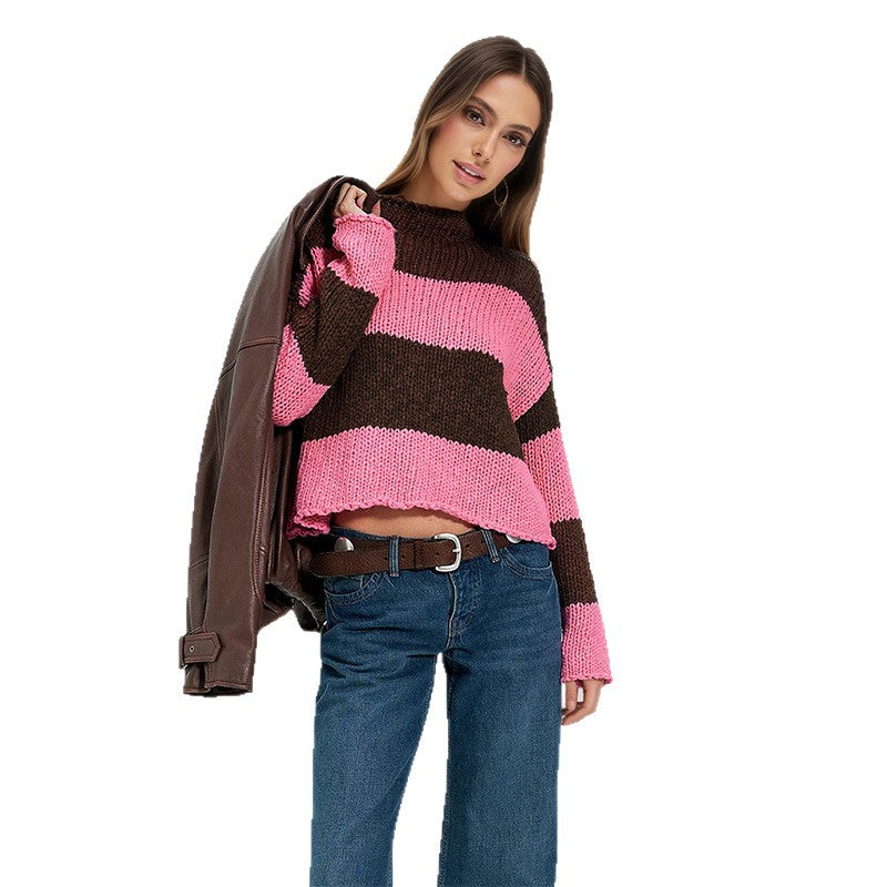 Color Block Striped Chunky Knit Mock Neck Sweater