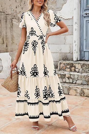 V Neck Floral Print Maxi Dress with Short Sleeves and Pockets