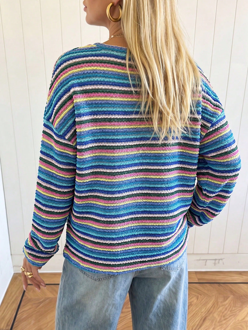 Women's Colorful Striped Knit Sweater Long Sleeve Casual