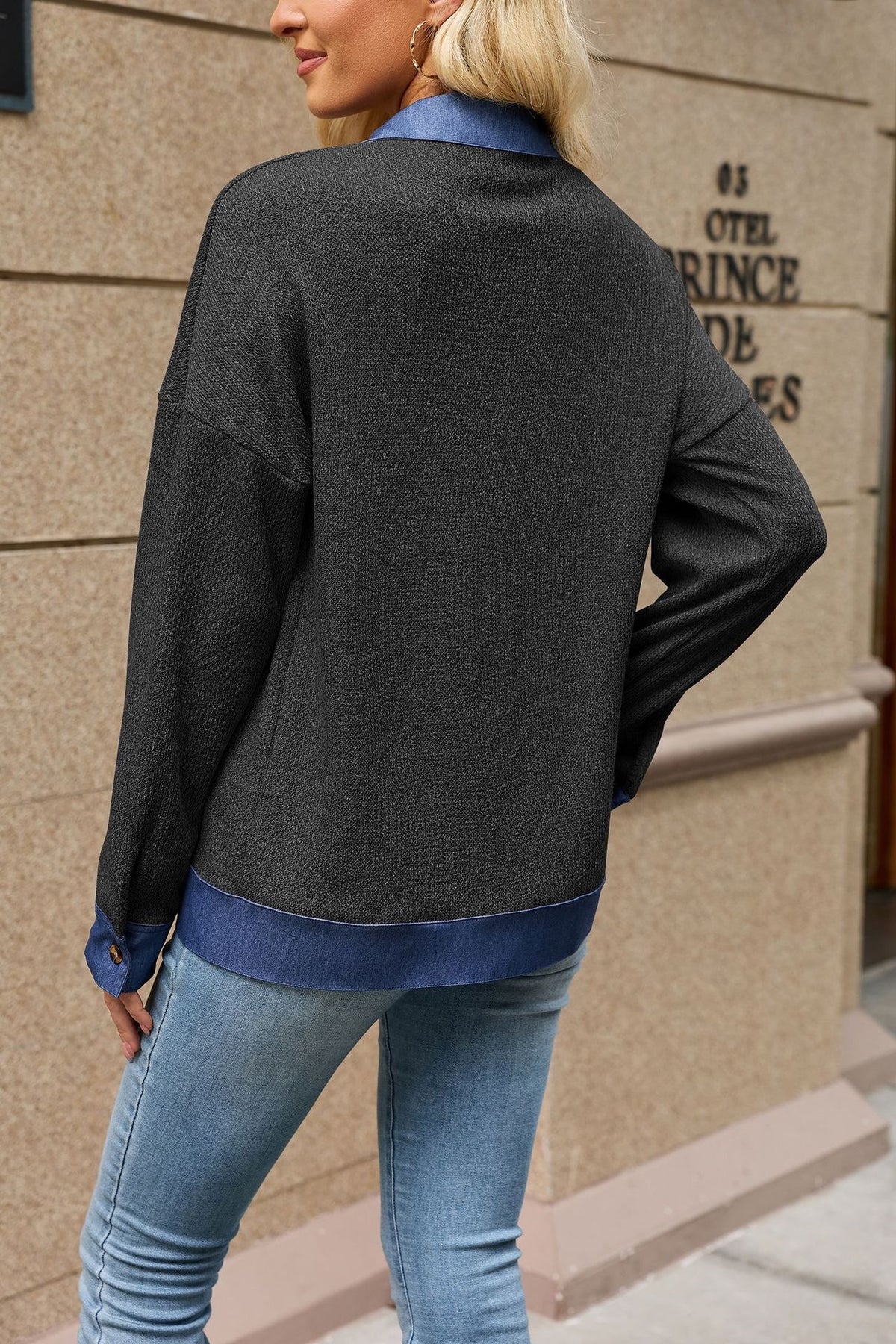 Womens Color Block Denim Trim Zip Up Collared Jacket