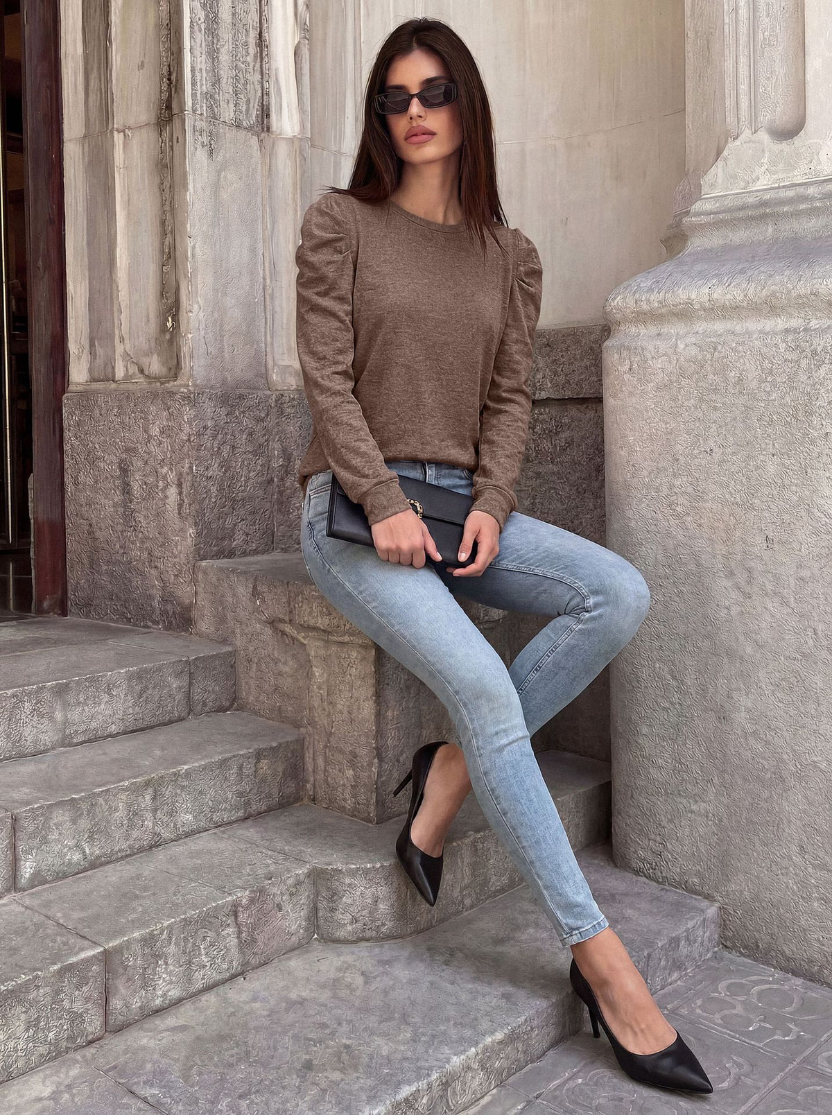 Women's Brushed Puff Sleeve Crew Neck Long Sleeve Top