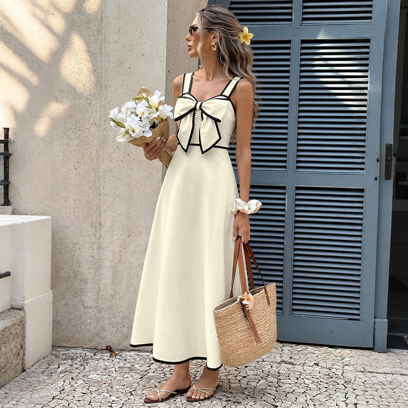Bow Detail Strap Maxi Dress Elegant A-Line Dress