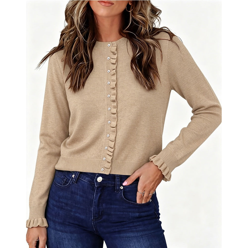Button Front Knit Sweater Crew Neck Casual Cardigan for Everyday Wear