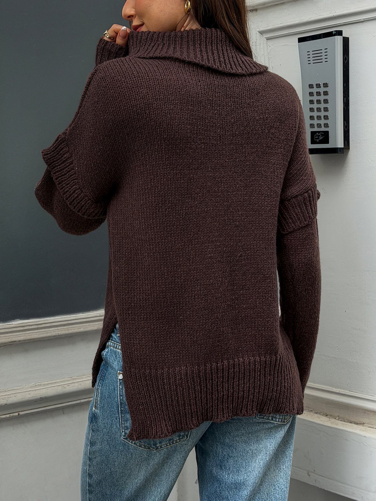 Women's Brown Chunky Knit Turtleneck Sweater