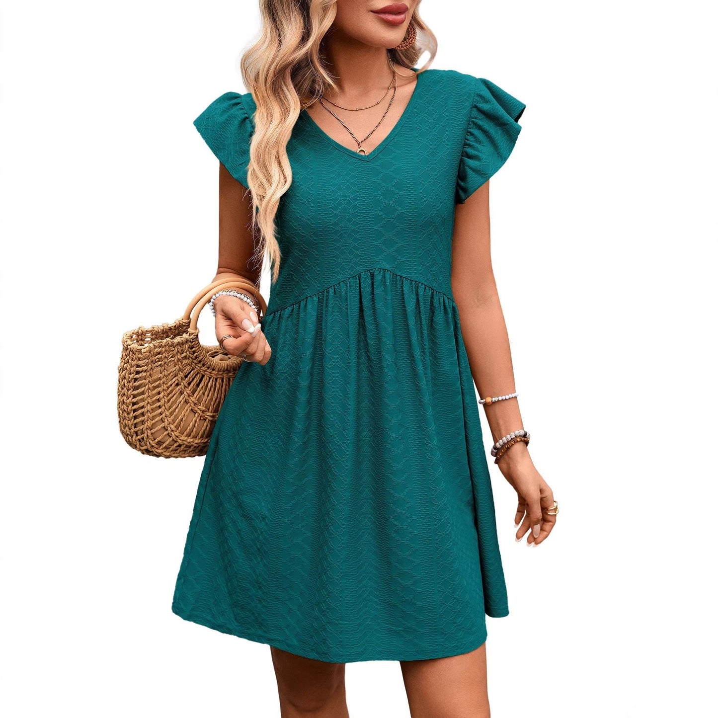 Textured V Neck Flutter Sleeve Pocket Mini Dress