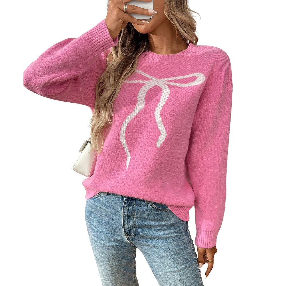 Bow Knit Sweater with Vintage Floral Design