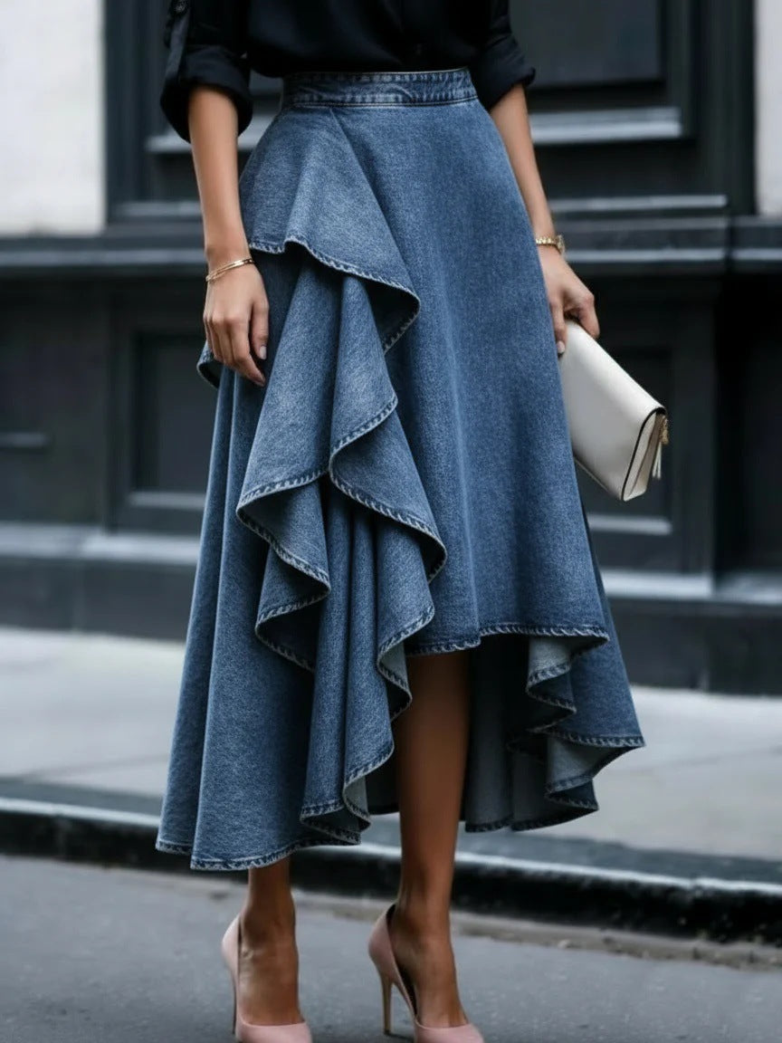 Asymmetrical Ruffle High Waist Denim Midi Skirt