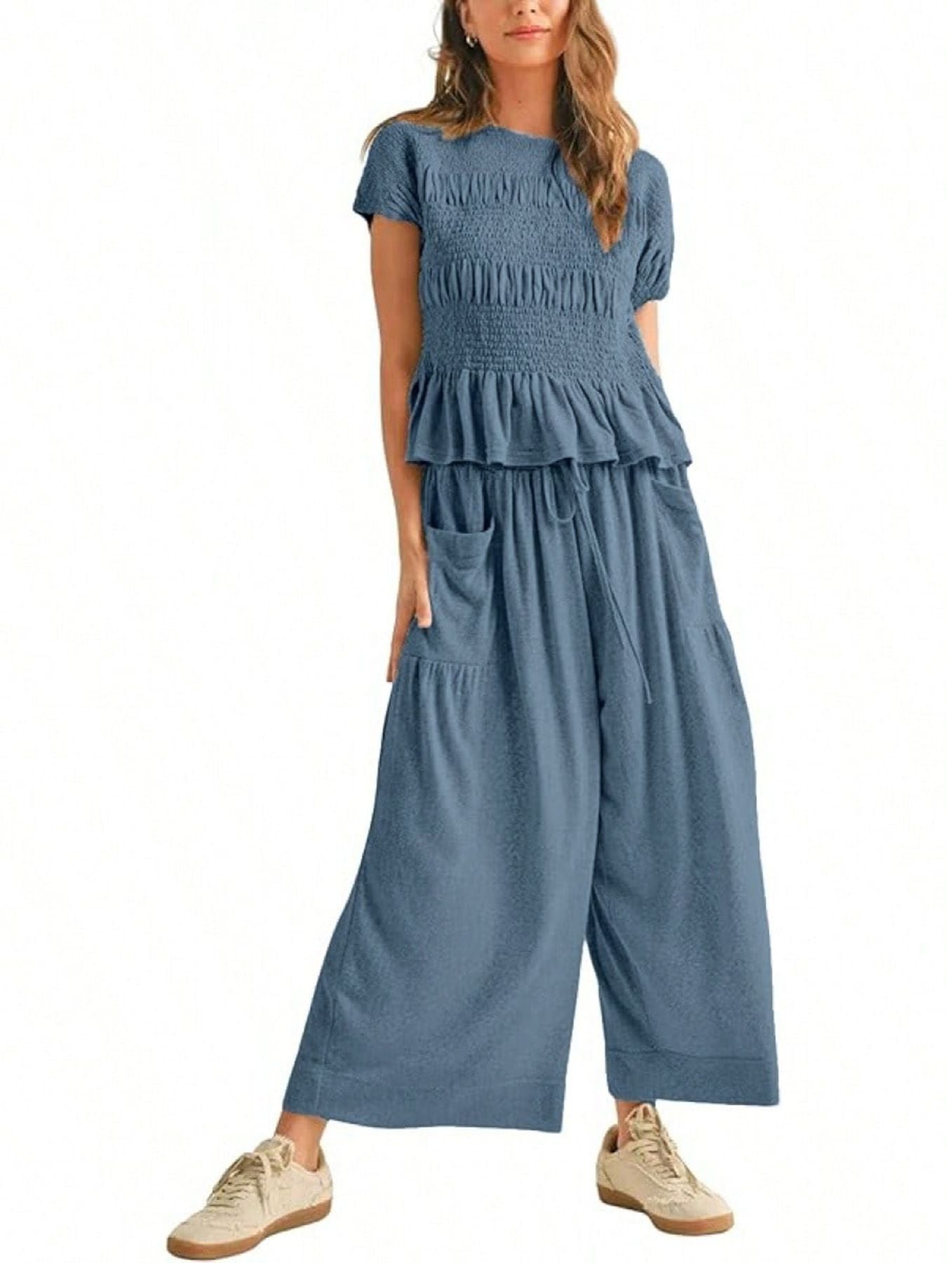 Summer Smocked Ruffle Top Wide Leg Pants Set