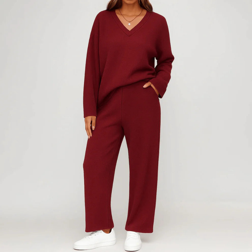 Women's V-Neck Knit 2 Piece Lounge Set Wide Leg Pants